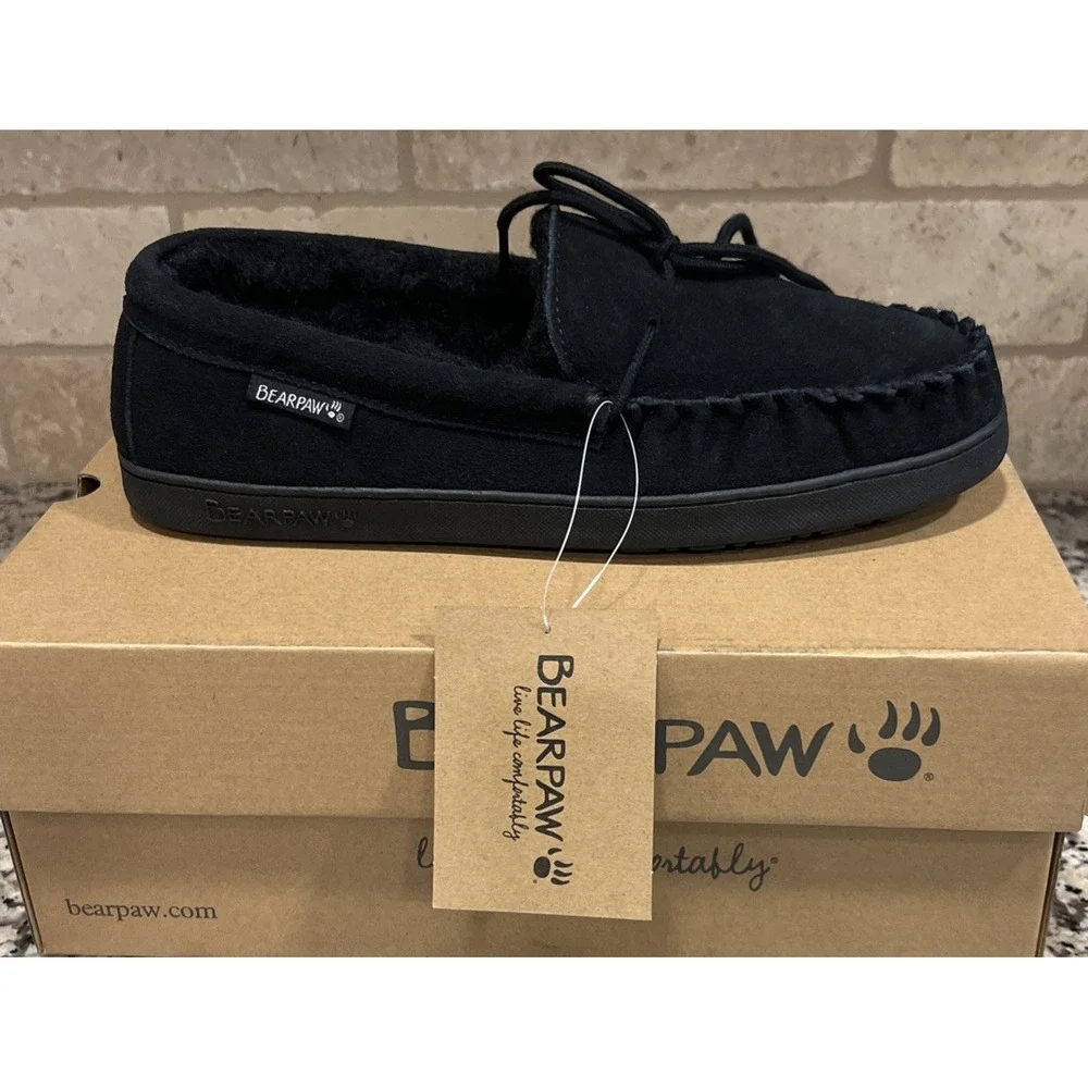 New BEARPAW Wyden II 2200 Mens Moc‎ Toe Black Slip On Slipper Shearling Lined 11